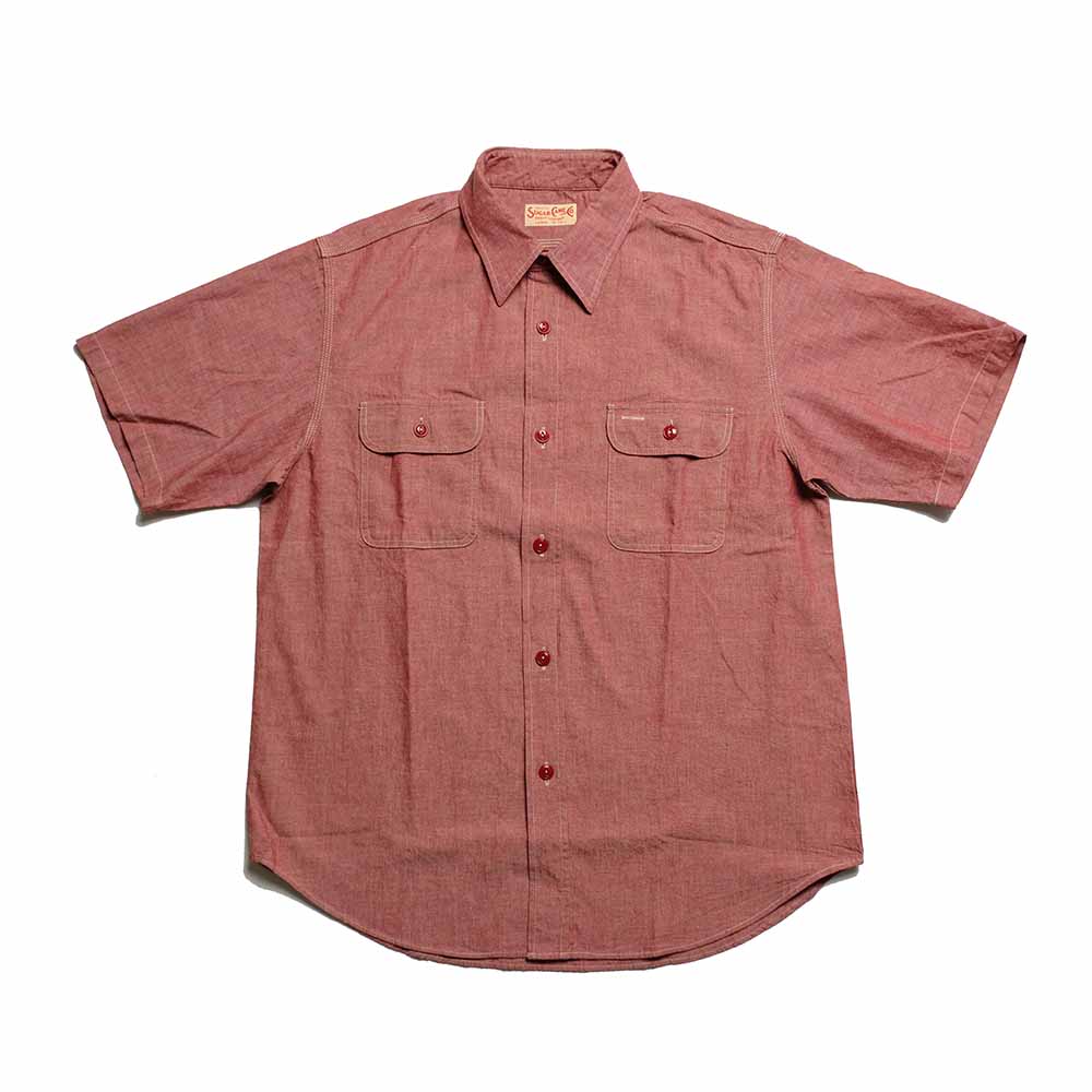 SUGAR CANE - RED CHAMBRAY WORK SHIRT - SHORT SLEEVE - SC39703