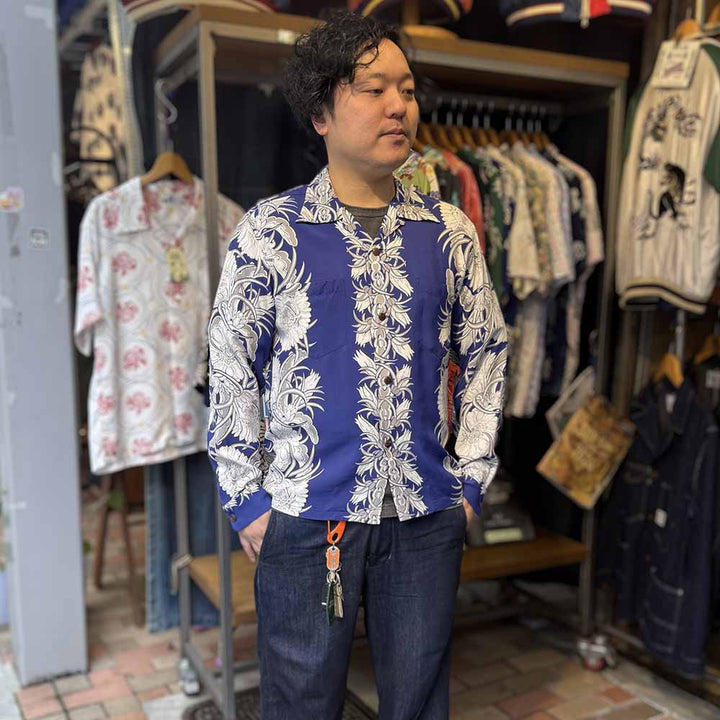 SUN SURF - L/S RAYON HAWAIIAN SHIRT - NIGHT BLOOMING CEREUS BORDER - SS29602