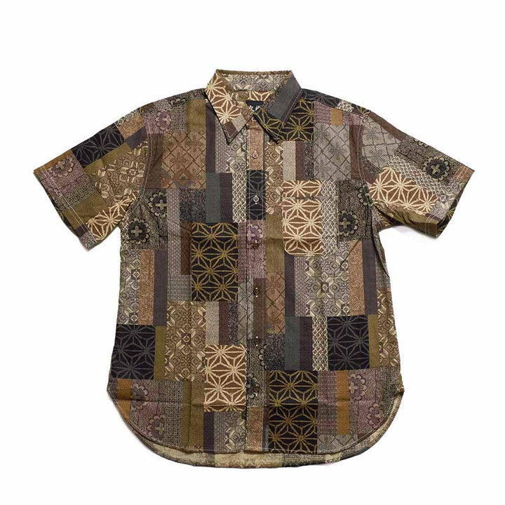 衣櫻 - サザンクロス素材 - 半袖レギュラーシャツ - 大島紬調パッチワークプリント - SA1685