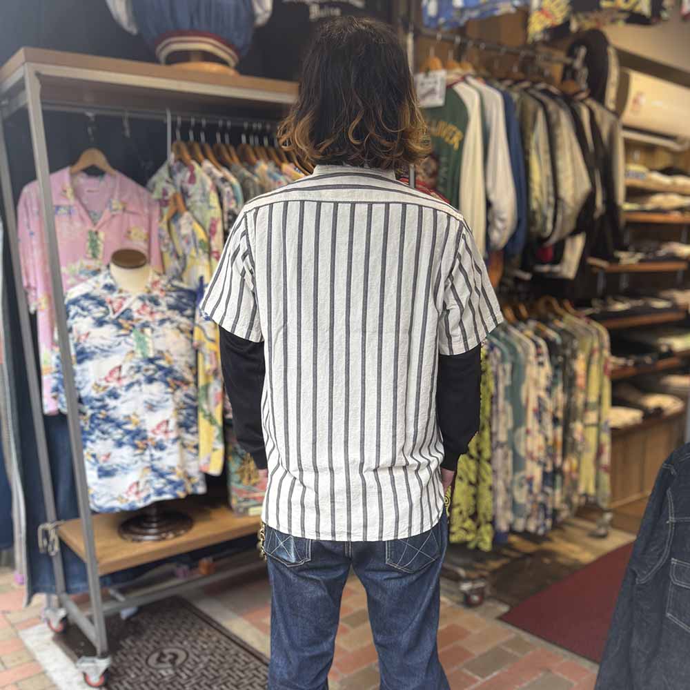 SUGAR CANE - COTTON LINEN - DOBBY HERRINGBONE STRIP - S/S WORK SHIRT - SC39727