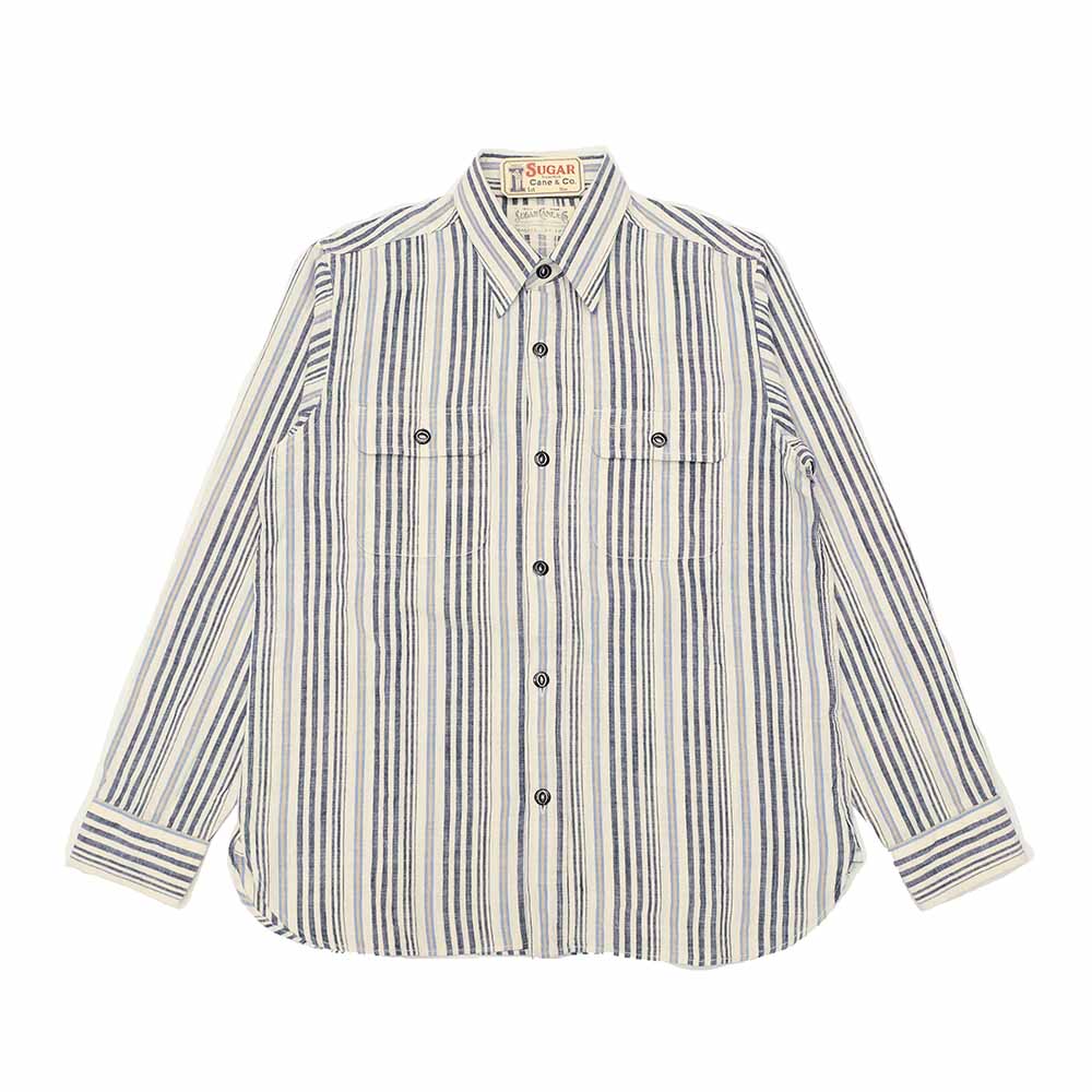 SUGAR CANE - FICTION ROMANCE - 5.5oz. INDIGO STRIPE WORK SHIRT - SC29592