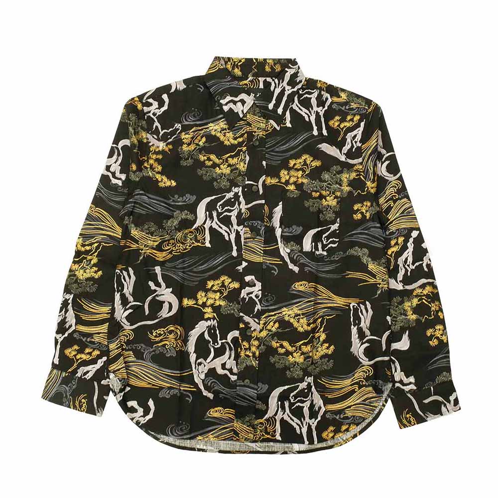 衣櫻 - サザンクロス素材 - 長袖レギュラーシャツ - 金彩墨絵馬 - SA1726