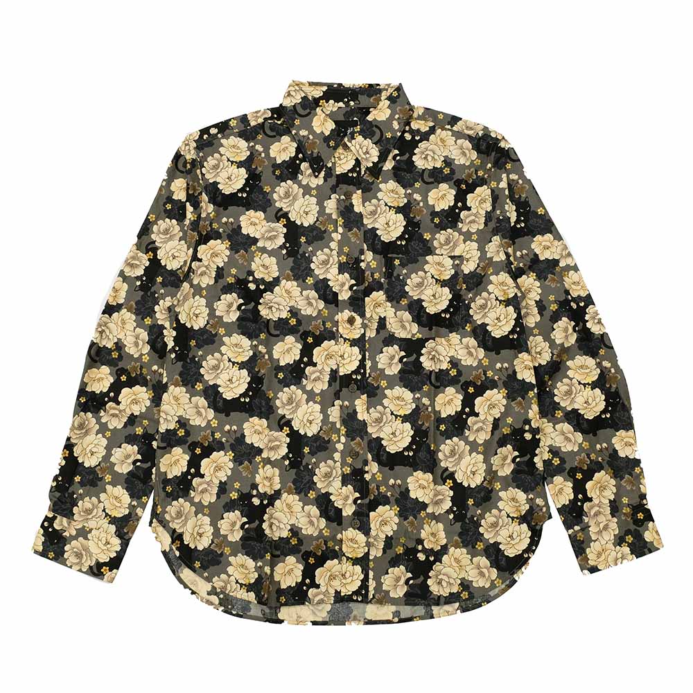 衣櫻 - シーチング素材 - 長袖レギュラーシャツ - ミニ黒猫 - SA1645