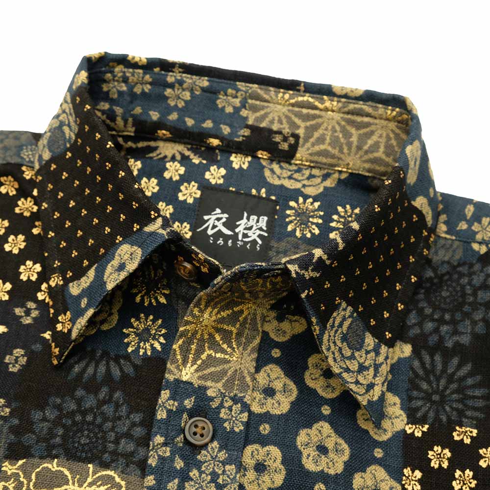 衣櫻 - ムラ糸クロス素材 長袖レギュラーシャツ - 大島紬調パッチワークプリント - SA1668