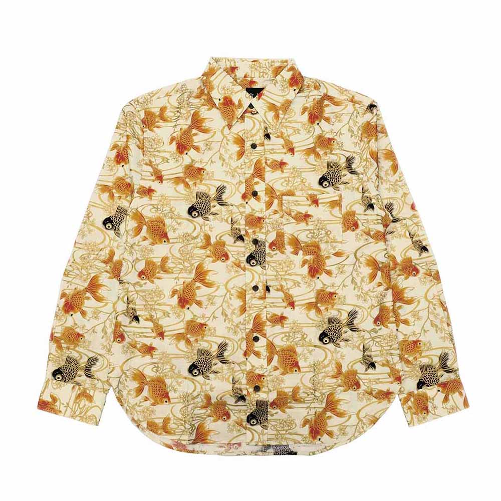 衣櫻 - サザンクロス素材 - 長袖レギュラーシャツ - 金彩流水金魚 - SA1725