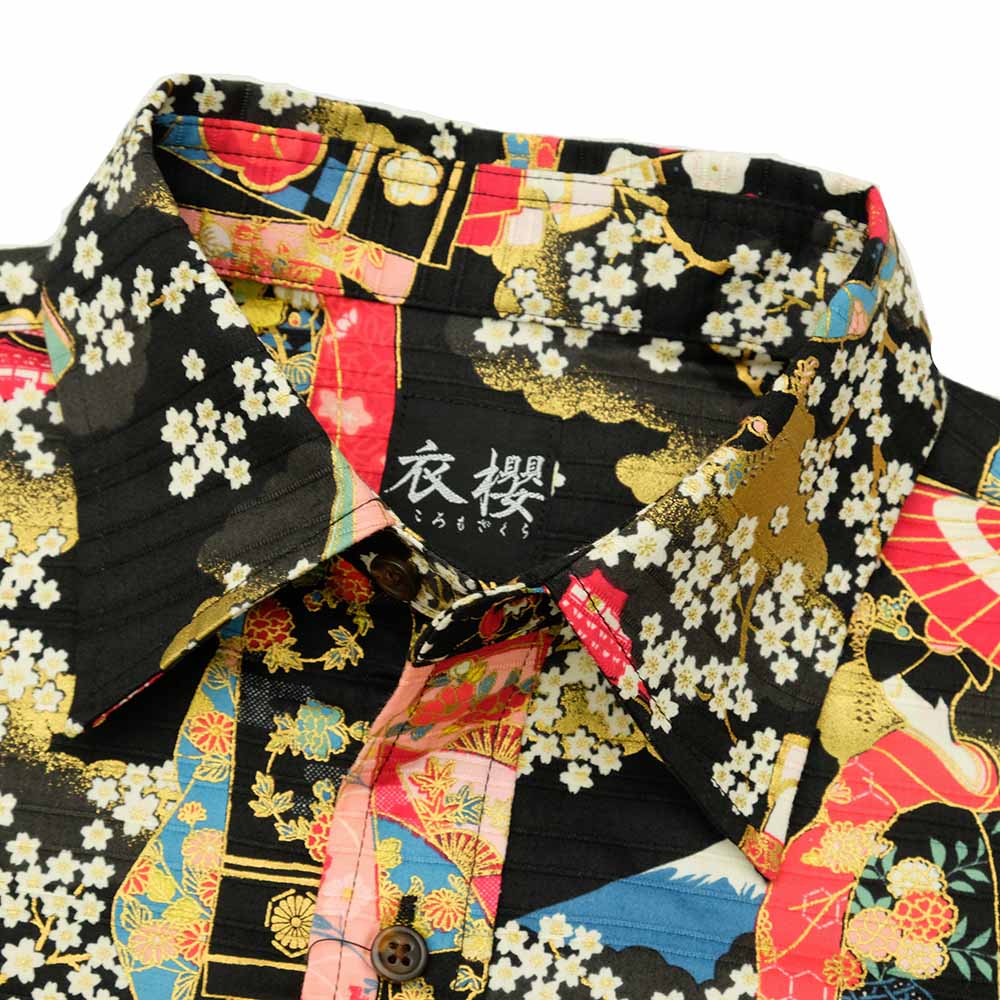 衣櫻 - シャンタン素材 長袖レギュラーシャツ - 金箔京舞妓 - SA1567
