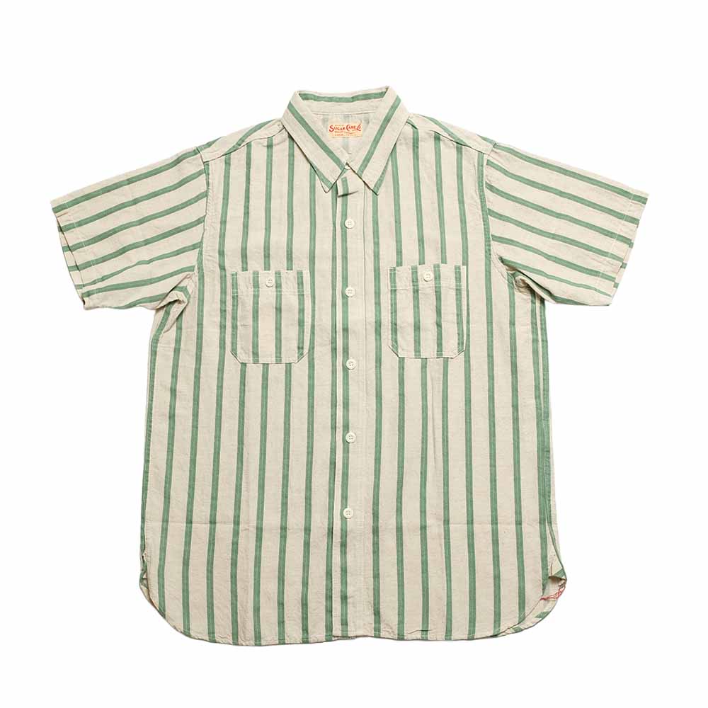 SUGAR CANE - COTTON LINEN - DOBBY HERRINGBONE STRIP - S/S WORK SHIRT - SC39727