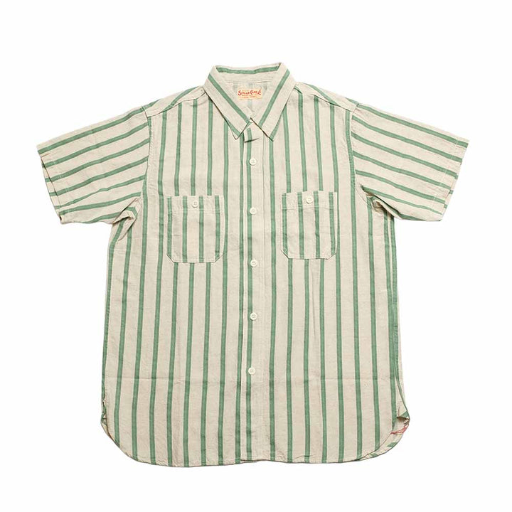 SUGAR CANE - COTTON LINEN - DOBBY HERRINGBONE STRIP - S/S WORK SHIRT - SC39727