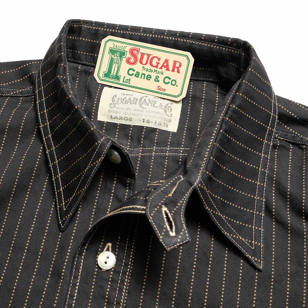 SUGAR CANE - FICTION ROMANCE - 8.5oz. BLACK WABASH STRIPE - S/S WORK SHIRT - SC39702