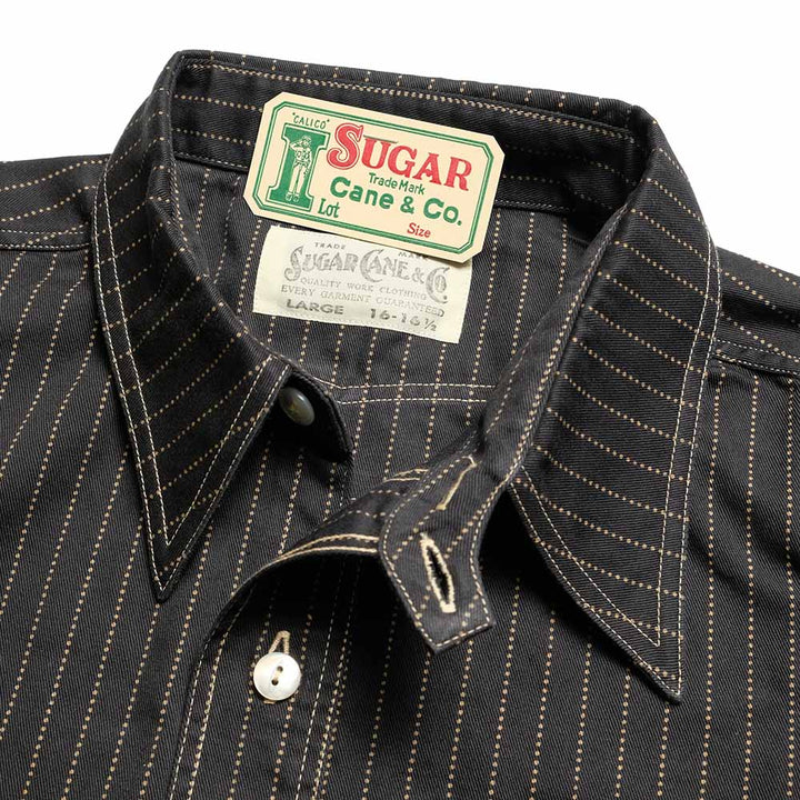 SUGAR CANE - FICTION ROMANCE - 8.5oz. BLACK WABASH STRIPE - S/S WORK SHIRT - SC39702