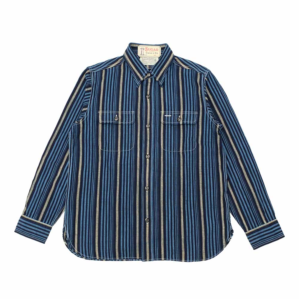 SUGAR CANE - FICTION ROMANCE - 5.5oz. INDIGO STRIPE WORK SHIRT - SC29592