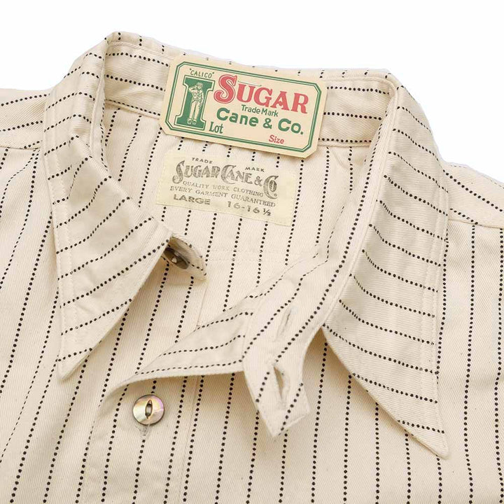 SUGAR CANE FICTION ROMANCE 8.5oz. WHITE WABASH STRIPE S/S WORK SHIRT SC37275