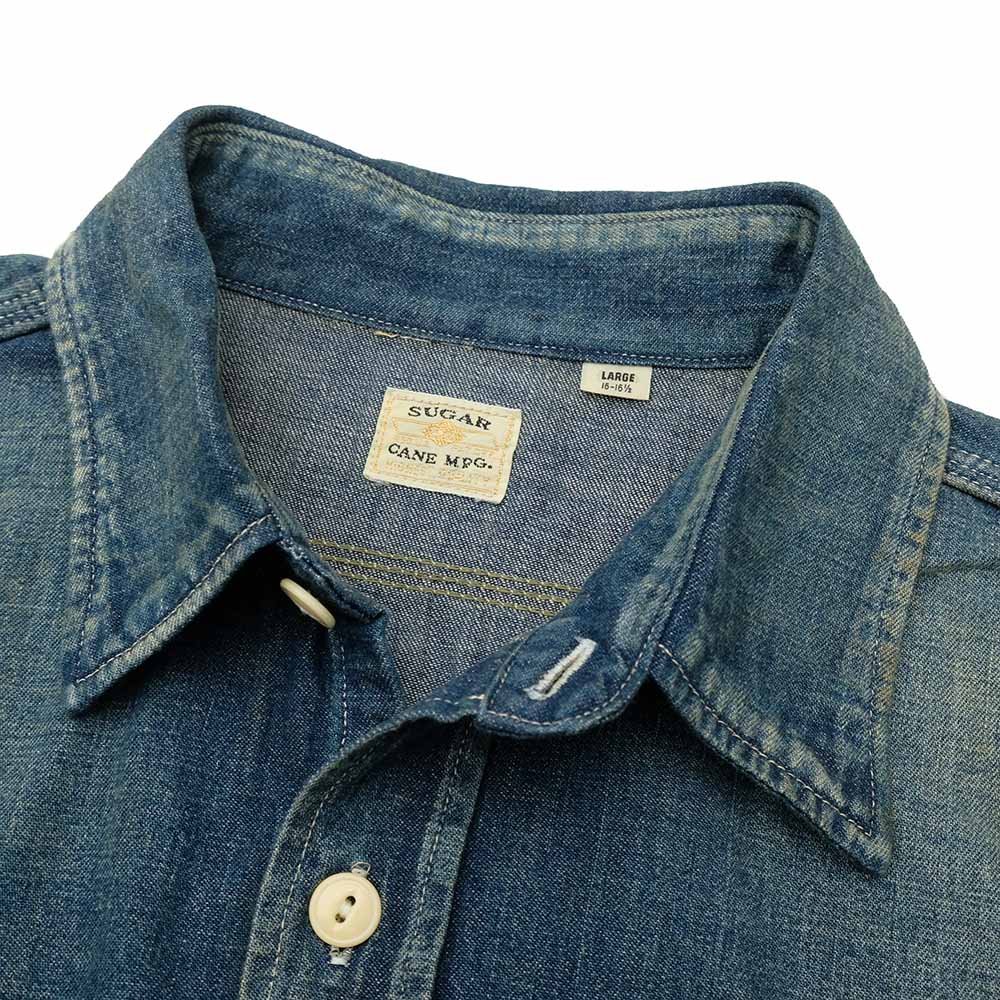 SUGAR CANE - BLUE DENIM WORK SHIRT AGED MODEL - SC29474