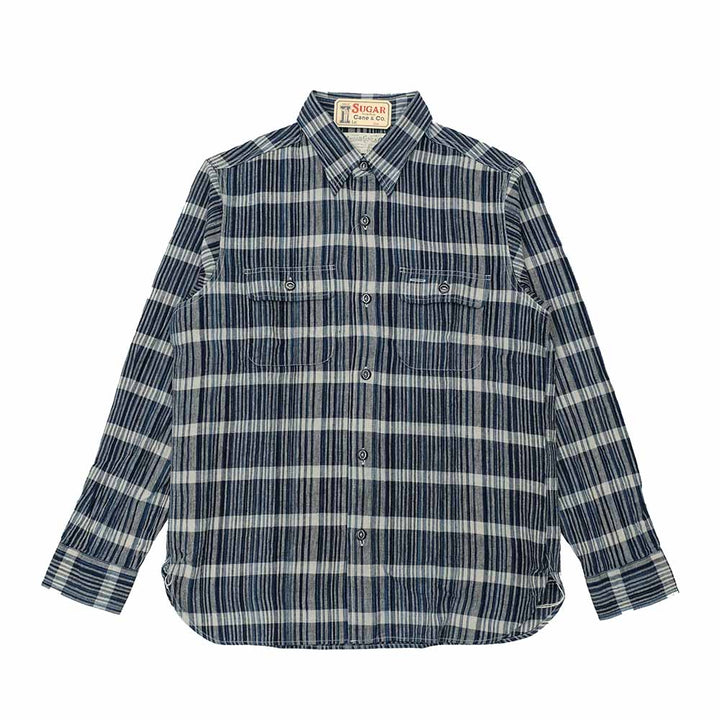 SUGAR CANE - FICTION ROMANCE 5oz. INDIGO CHECK WORK SHIRT - SC29591
