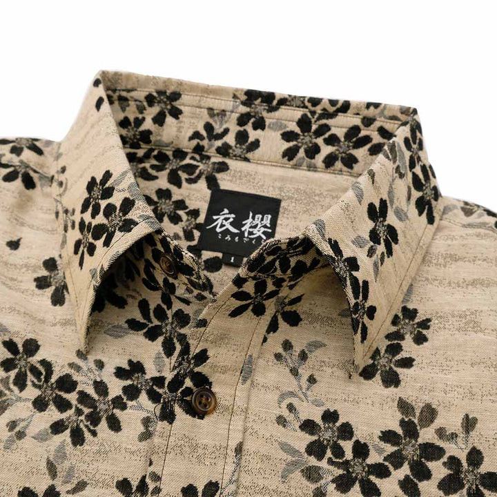 衣櫻 - 二重織ジャガードガーゼ素材 - 長袖レギュラーシャツ - 黒桜 - SA1661