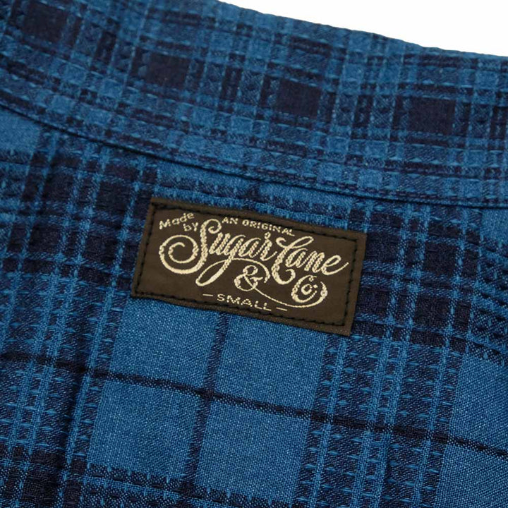 SUGAR CANE - Add human labor - INDIGO DOBBY CHECK CRAZY S/S OPEN SHIRT - SC39524