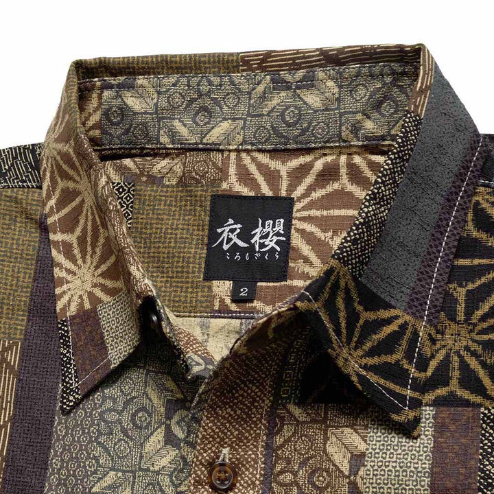 衣櫻 - サザンクロス素材 - 半袖レギュラーシャツ - 大島紬調パッチワークプリント - SA1685