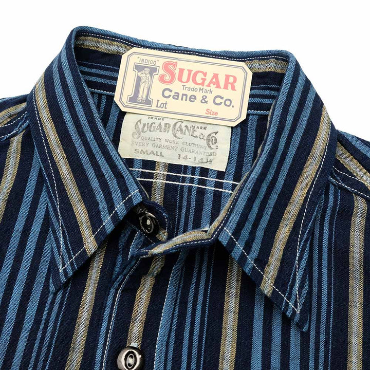 SUGAR CANE - FICTION ROMANCE - 5.5oz. INDIGO STRIPE WORK SHIRT - SC29592