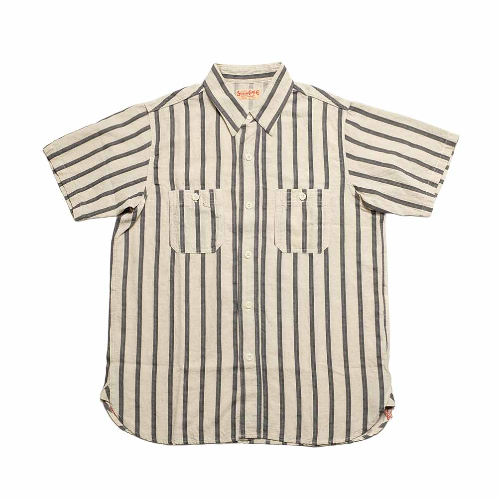 SUGAR CANE - COTTON LINEN - DOBBY HERRINGBONE STRIP - S/S WORK SHIRT - SC39727