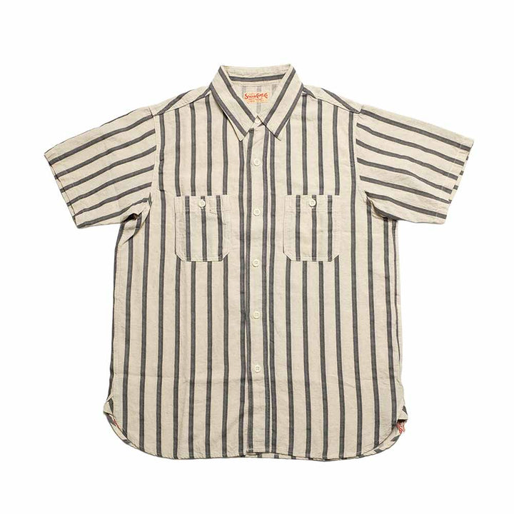 SUGAR CANE - COTTON LINEN - DOBBY HERRINGBONE STRIP - S/S WORK SHIRT - SC39727