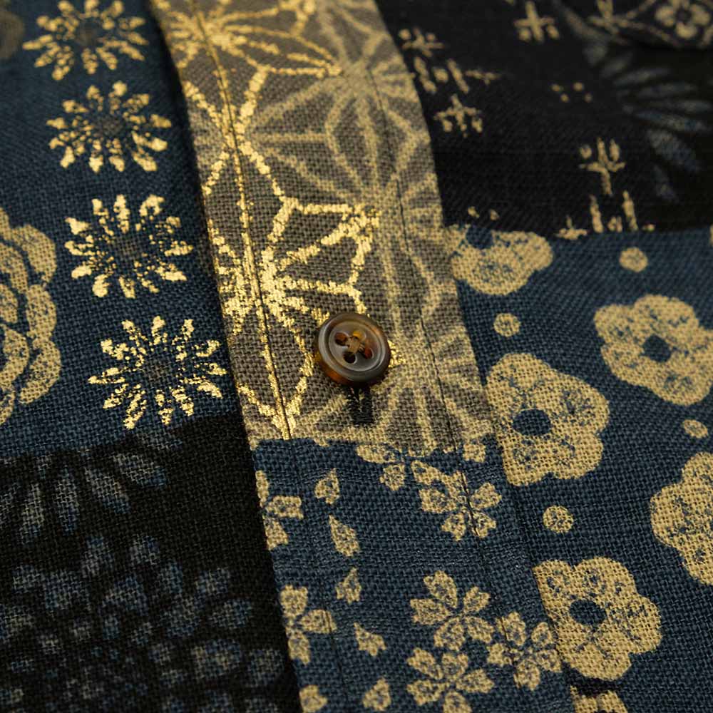 衣櫻 - ムラ糸クロス素材 長袖レギュラーシャツ - 大島紬調パッチワークプリント - SA1668