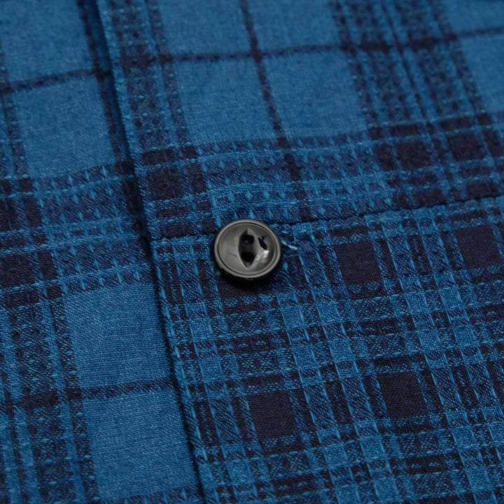 SUGAR CANE - Add human labor - INDIGO DOBBY PLAID CRAZY S/S OPEN SHIRT - SC39524