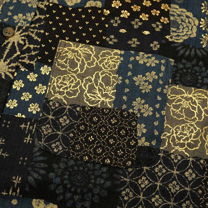 衣櫻 - ムラ糸クロス素材 長袖レギュラーシャツ - 大島紬調パッチワークプリント - SA1668