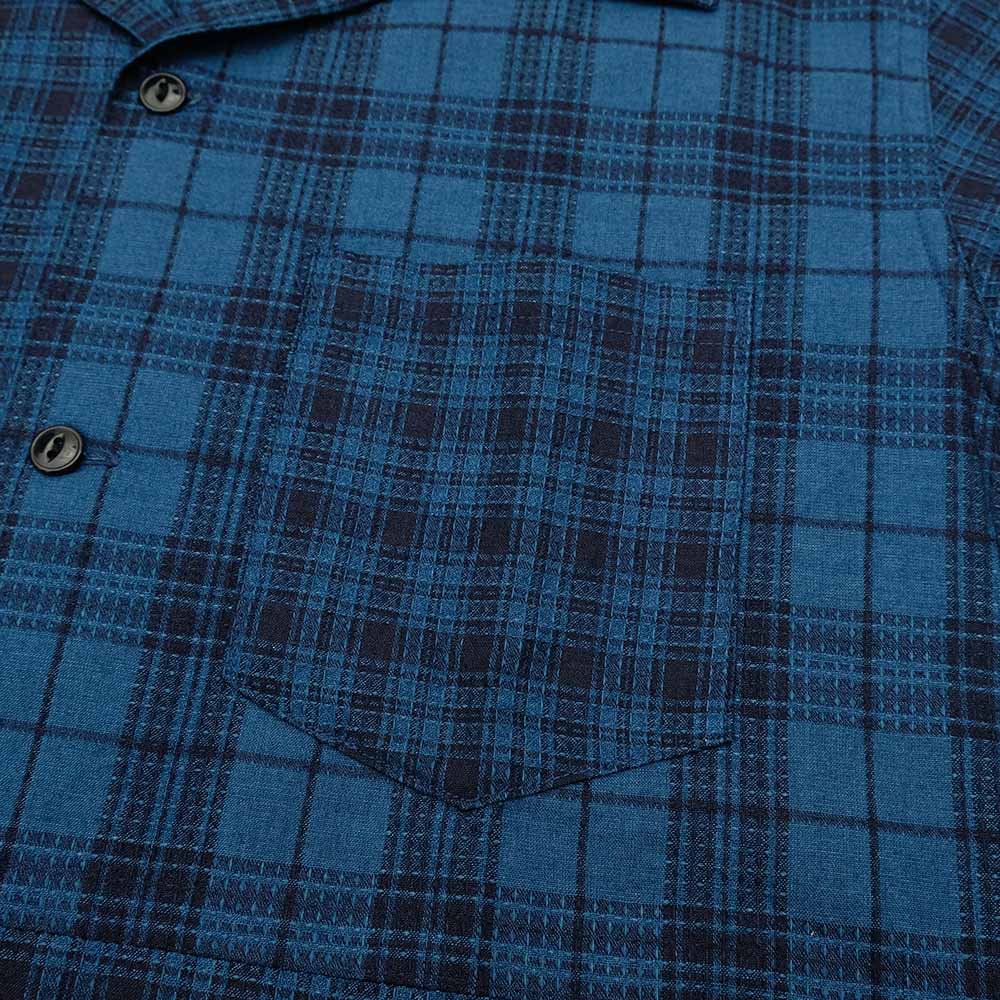 SUGAR CANE - Add human labor - INDIGO DOBBY PLAID CRAZY S/S OPEN SHIRT - SC39524