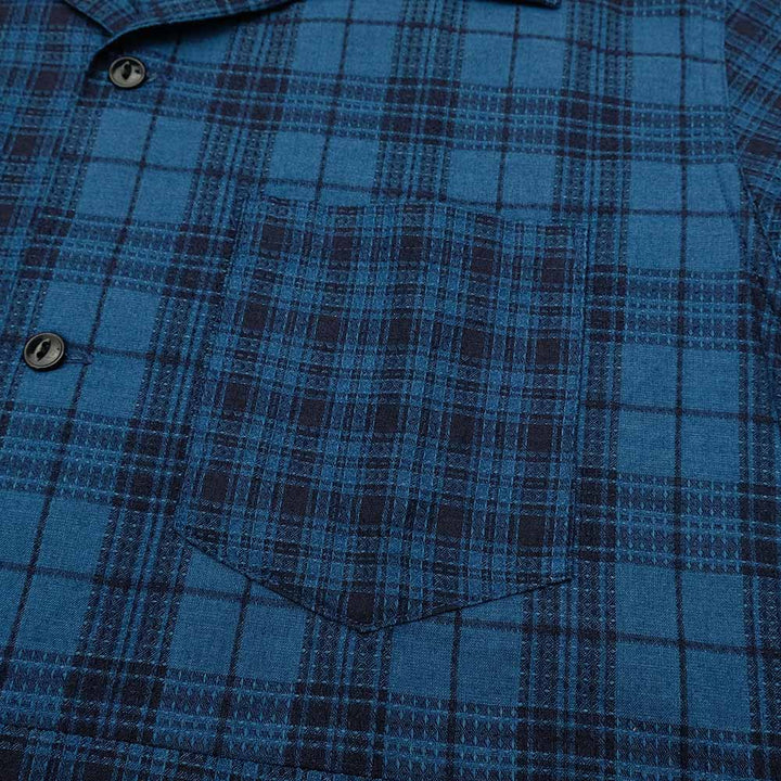 SUGAR CANE - Add human labor - INDIGO DOBBY PLAID CRAZY S/S OPEN SHIRT - SC39524