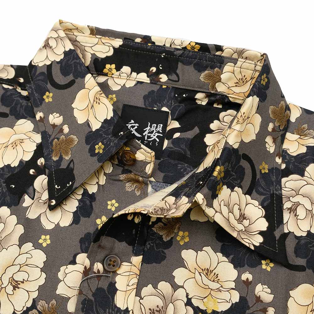 衣櫻 - シーチング素材 - 長袖レギュラーシャツ - ミニ黒猫 - SA1645