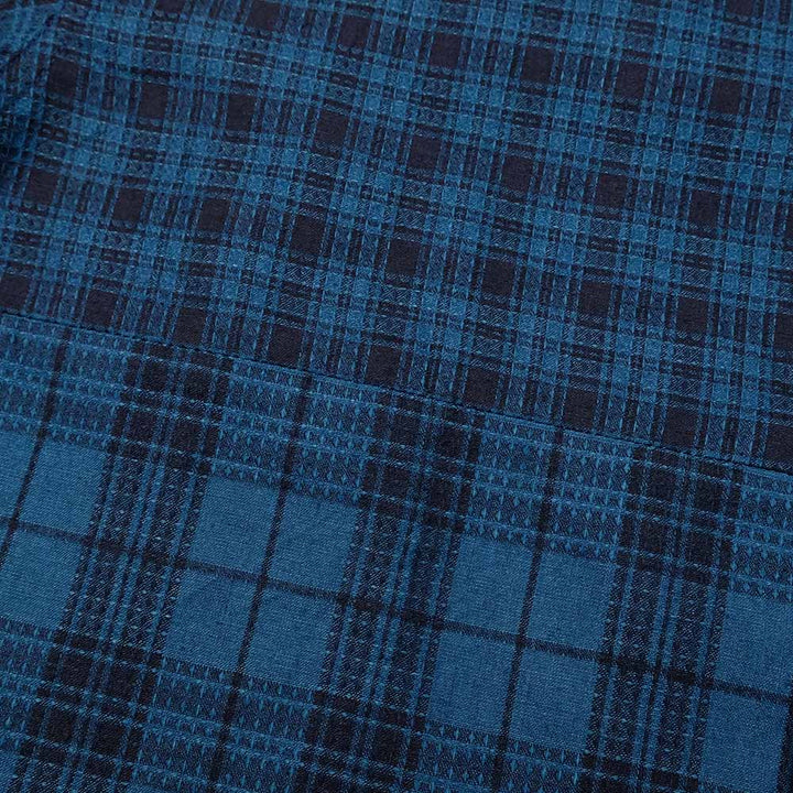 SUGAR CANE - Add human labor - INDIGO DOBBY PLAID CRAZY S/S OPEN SHIRT - SC39524