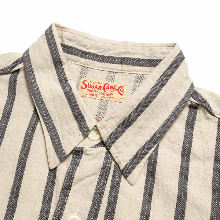SUGAR CANE - COTTON LINEN - DOBBY HERRINGBONE STRIP - S/S WORK SHIRT - SC39727