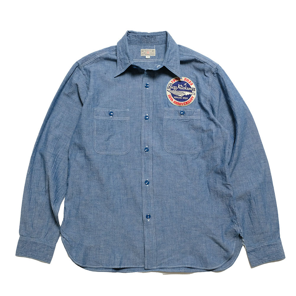 Buzz Rickson's - Blue Chambray Work Shirt - BUZZ RICKSON'S 30th ANNIVERSARY MODEL WITH EMBROIDERED - BR29184