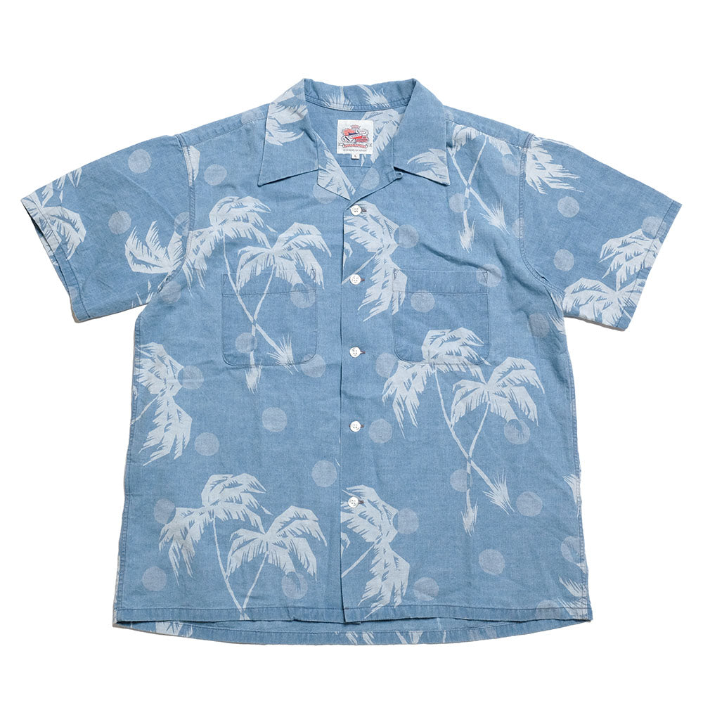 DUKE KAHANAMOKU - INDIGO COTTON HAWAIIAN SHIRT - MOONLIGHT PALMTREE - DK39242