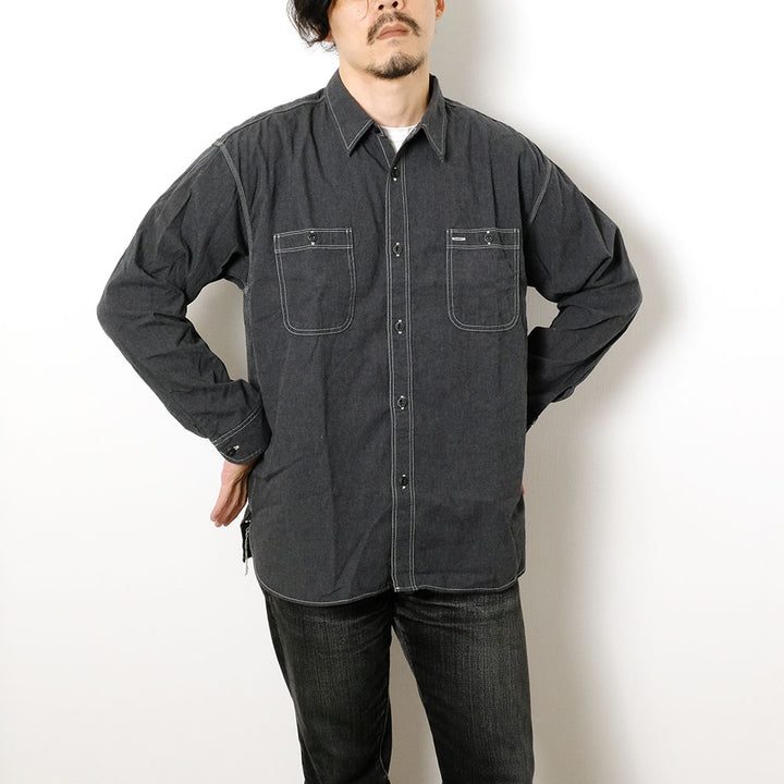 BURGUS PLUS - Solid-Color Chambray Work Shirt Wide Silhouette - Heather Gray - HBP-300CHBWD