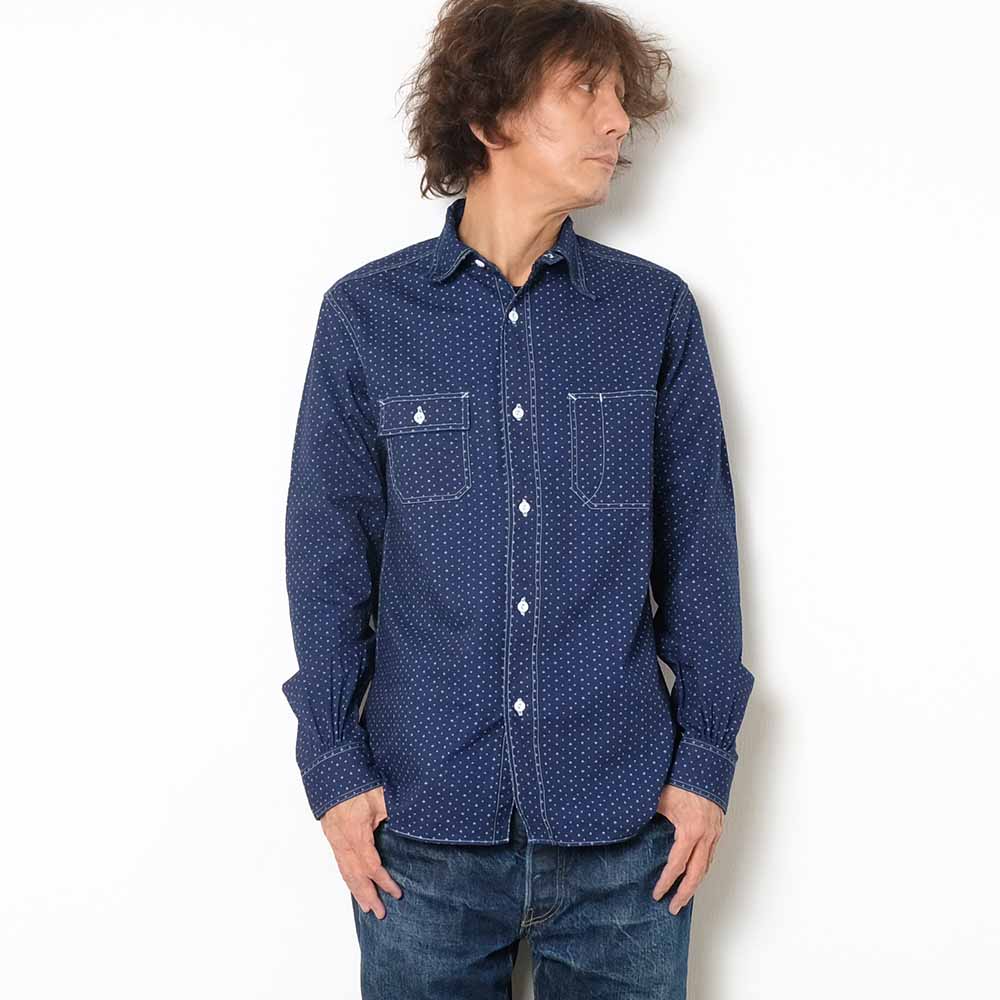SUGAR CANE FICTION ROMANCE 4.5oz. INDIGO CASINO STRIPE WORK SHIRT (LONG SLEEVE) SC28651