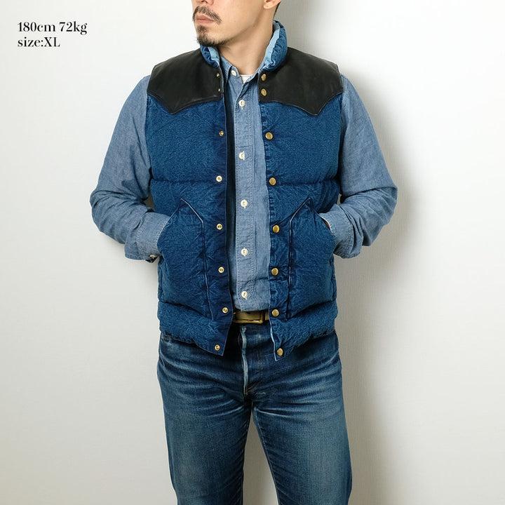 WAREHOUSE × Rocky Mountain Featherbed - INDIGO CHAMBRAY DOWN VEST - USED WASH - 2189RM-22