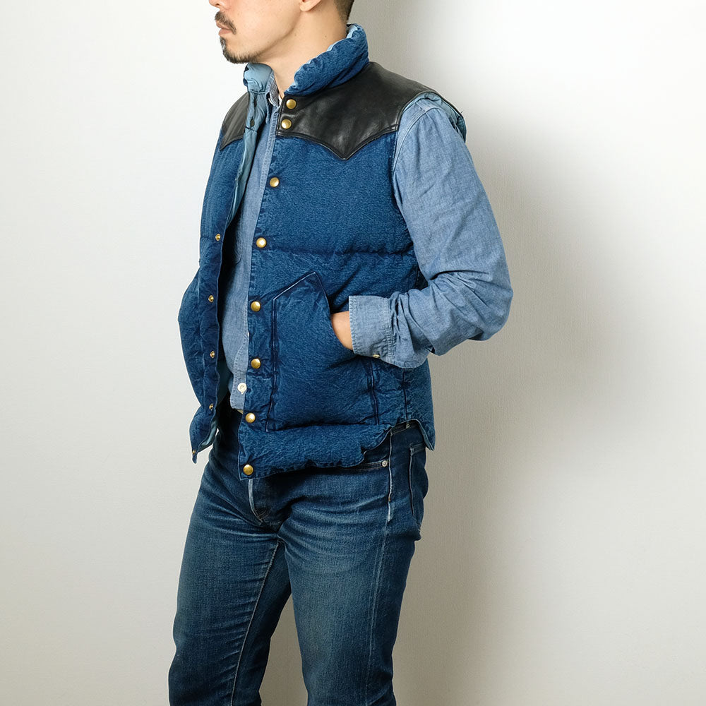 WAREHOUSE × Rocky Mountain Featherbed - INDIGO CHAMBRAY DOWN VEST - USED WASH - 2189RM-22