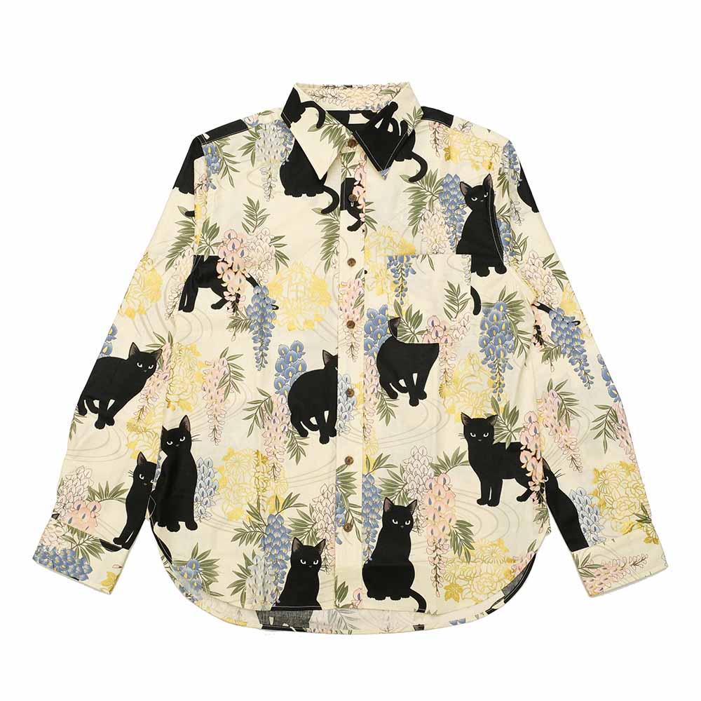 衣櫻 - スケア素材 長袖レギュラーシャツ - 藤と黒猫 - SA1534