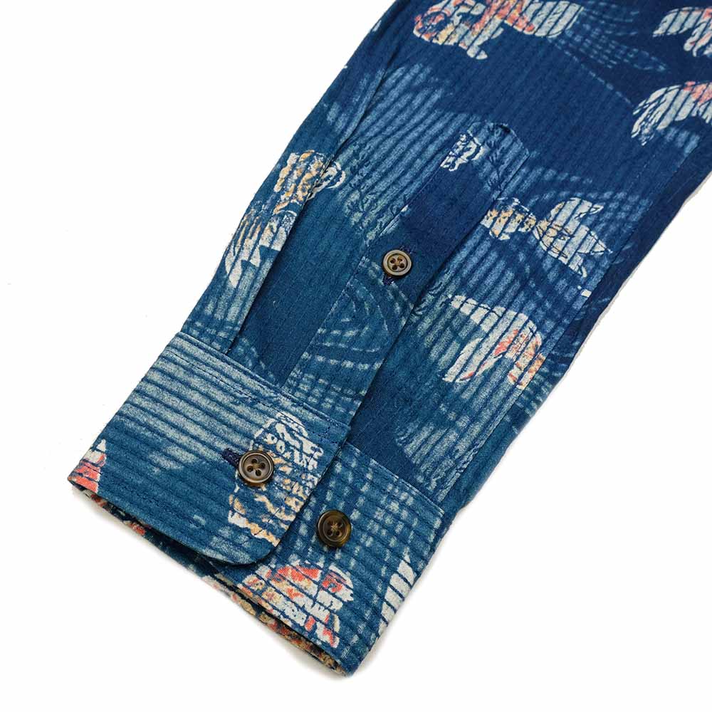 衣櫻 - 刺し子素材インディゴ顔抜 - 長袖レギュラーシャツ - 裏金魚 - SA1492