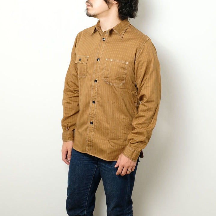 SUGAR CANE - FICTION ROMANCE - 8.5oz. BROWN WABASH STRIPE WORK SHIRT - SC28516