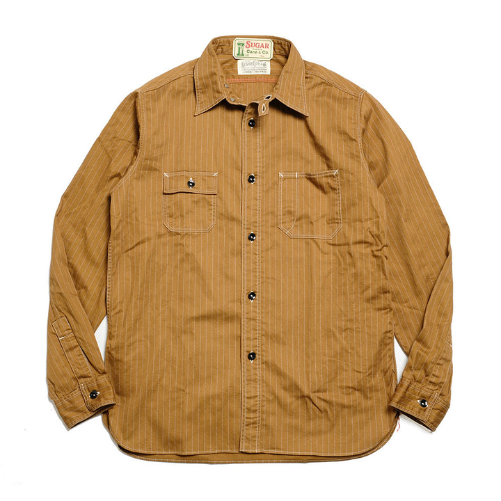 SUGAR CANE - FICTION ROMANCE - 8.5oz. BROWN WABASH STRIPE WORK SHIRT - SC28516